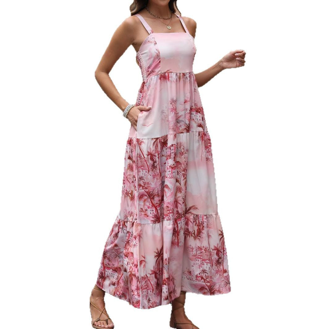 Robe Maxi Boho Florale | Col Carré Sans Bretelles | Poches