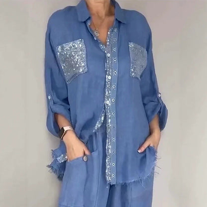 Ensemble Pantalon Femme Style Rétro — Chemise Manches Longues & Pantalon 3/4