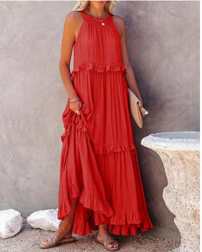 Robe Maxi Sans Manches à Volants et Poches