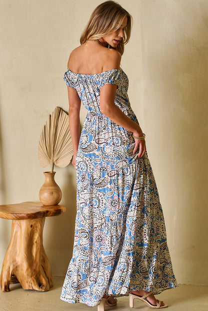 Robe Maxi Bohème Bleue À Imprimé Paisley — Épaules Dénudées