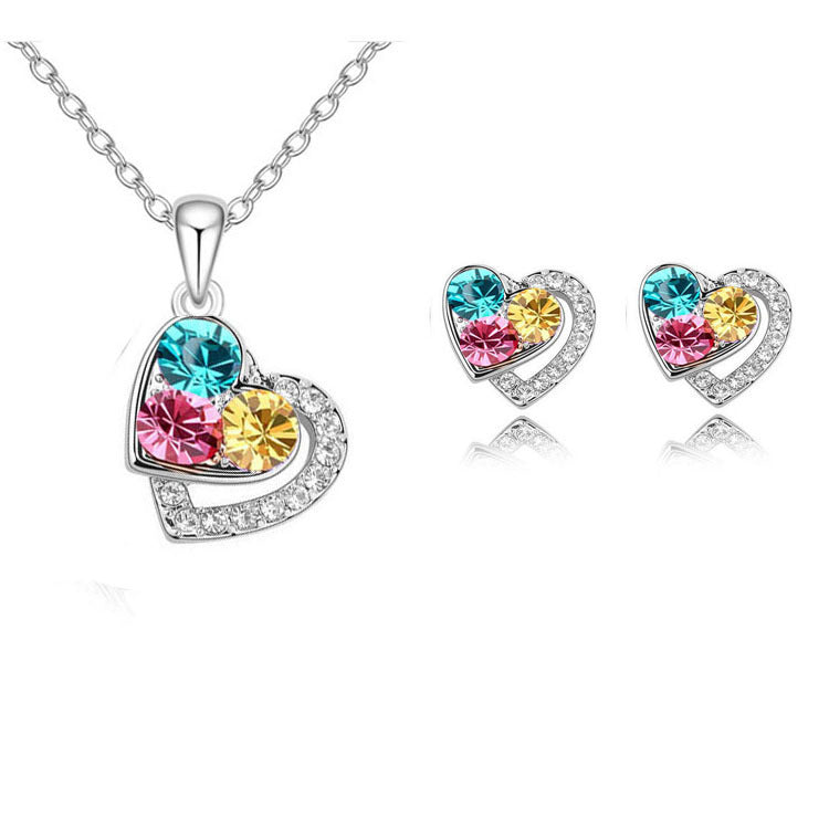 Parure Femme Cœur Diamant — Collier & Boucles d'Oreilles Colorés