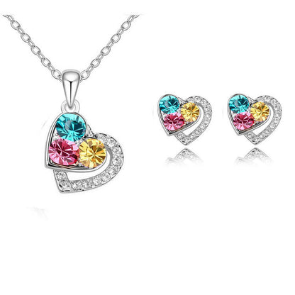 Parure Femme Cœur Diamant — Collier & Boucles d'Oreilles Colorés