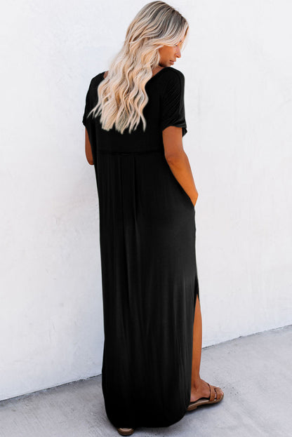 Robe Maxi — Col V, Poches Cachées, Fentes Latérales