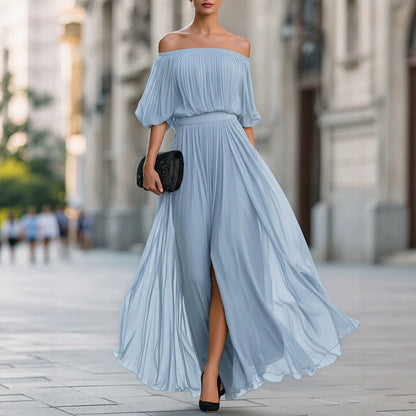Robe Maxi Chiffon Noire Fendue – Épaule Dénudée, Jupe Fluide et Drapée