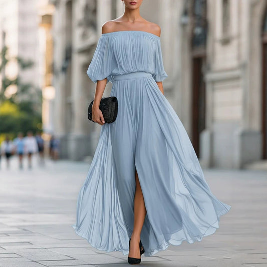 Robe Maxi Chiffon Noire Fendue – Épaule Dénudée, Jupe Fluide et Drapée