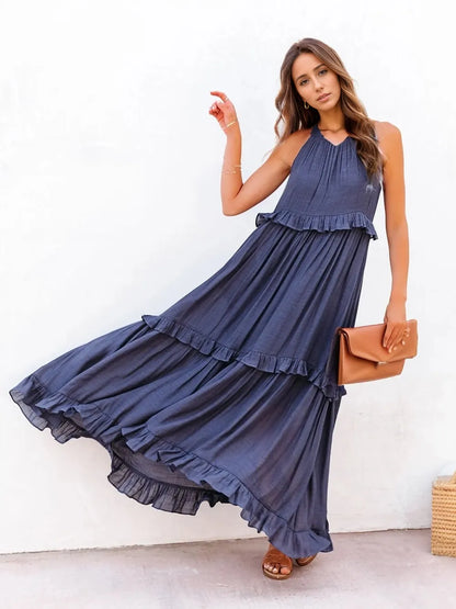 Robe Maxi Sans Manches à Volants et Poches