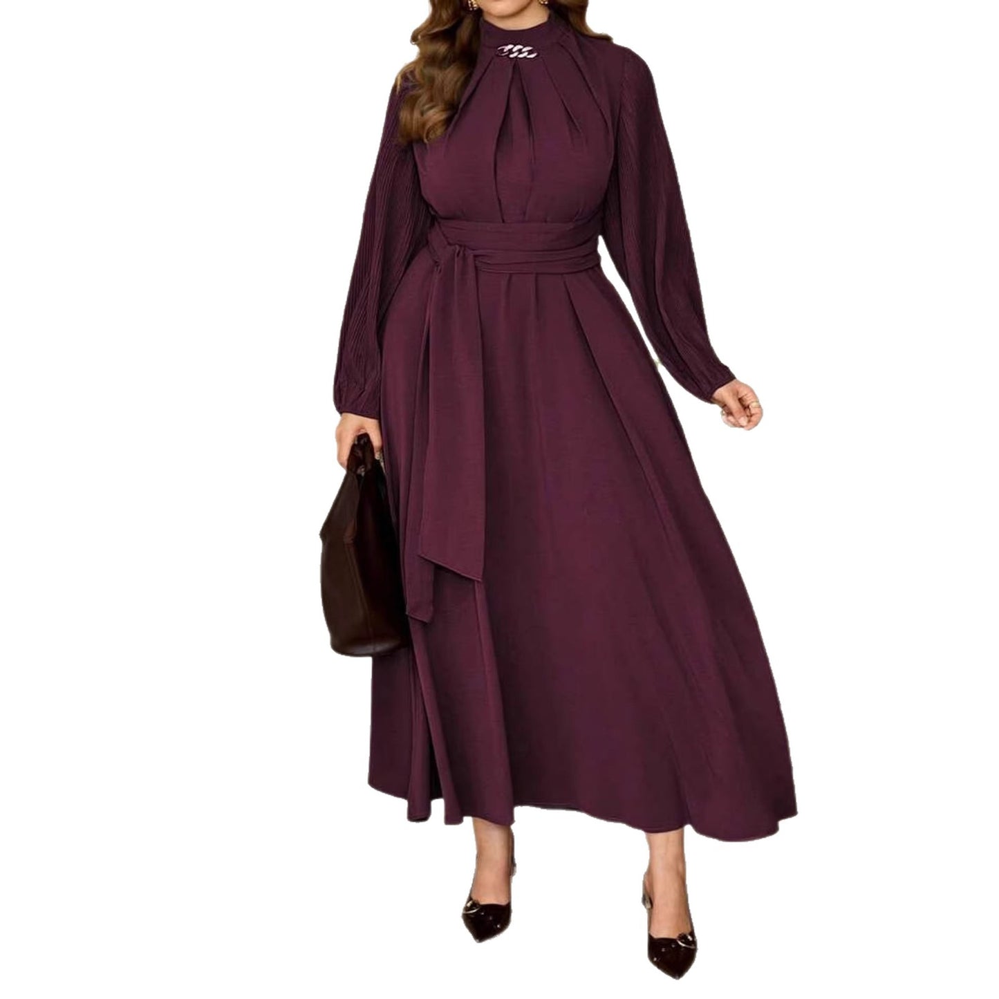 Robe Maxi Manches Longues Élégante — Couleur Unie, Manches Plissées