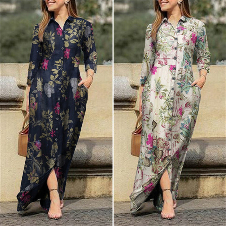 Robe Longue Florale Casual – Col lapé, Manches longues, Boutons