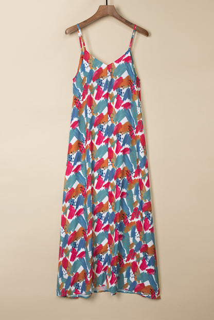 Robe Maxi à Bretelles Spaghetti Imprimé Abstrait Multicolore