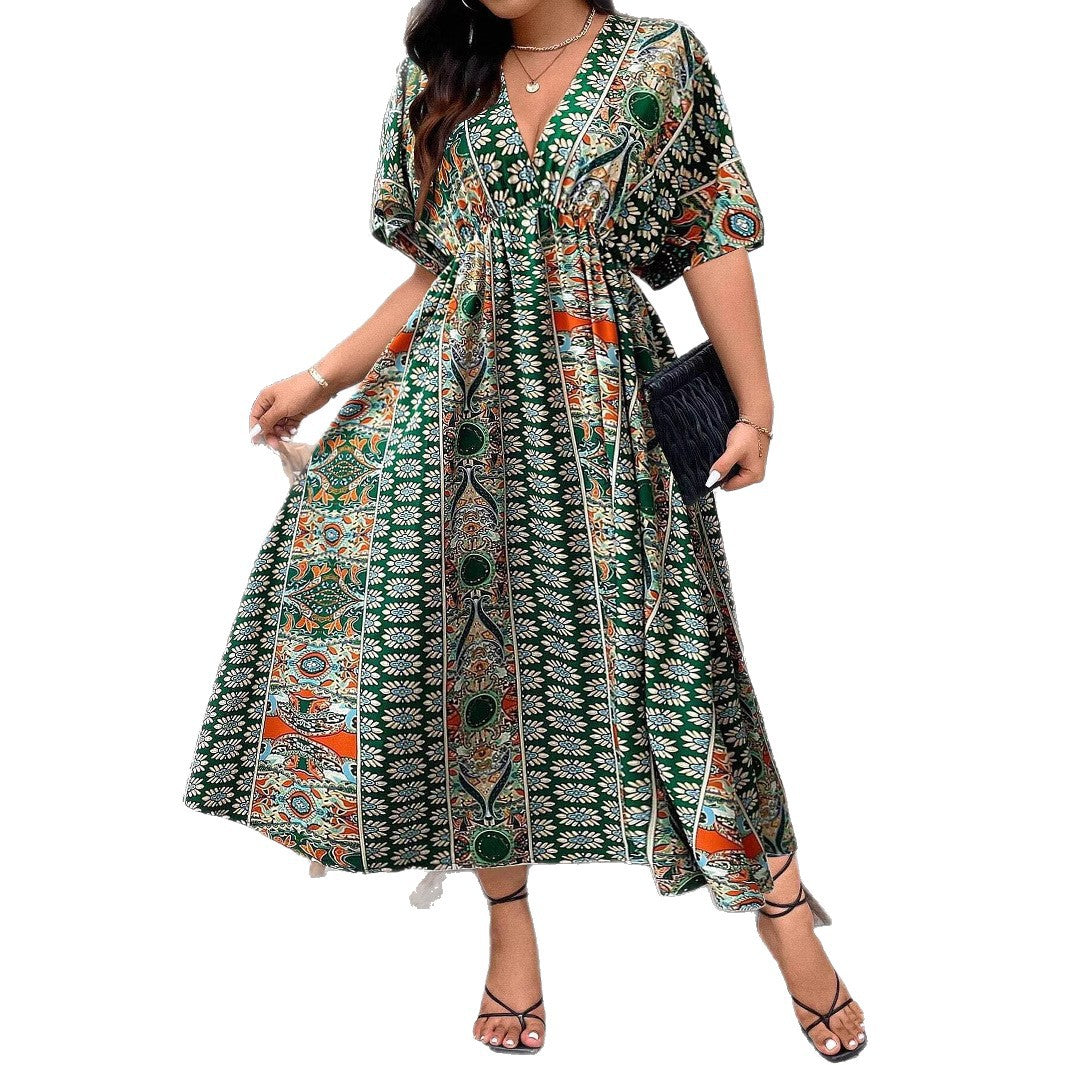 Robe Maxi Bohème Imprimée – Manches 3/4, Col V, Grande Taille
