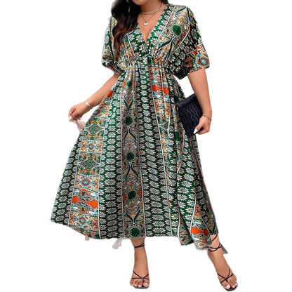 Robe Maxi Bohème Imprimée – Manches 3/4, Col V, Grande Taille
