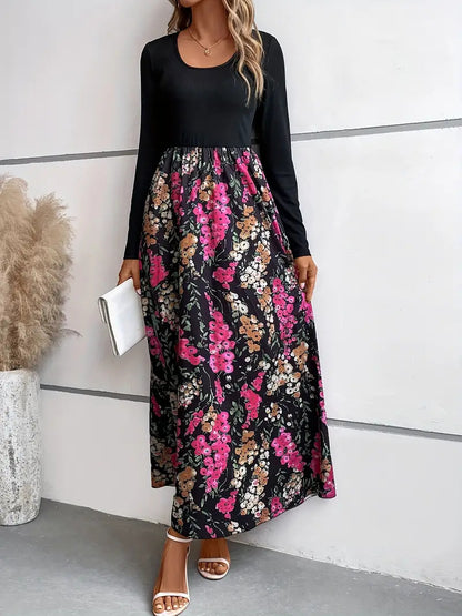 Robe Maxi Florale Col Rond Manches Longues