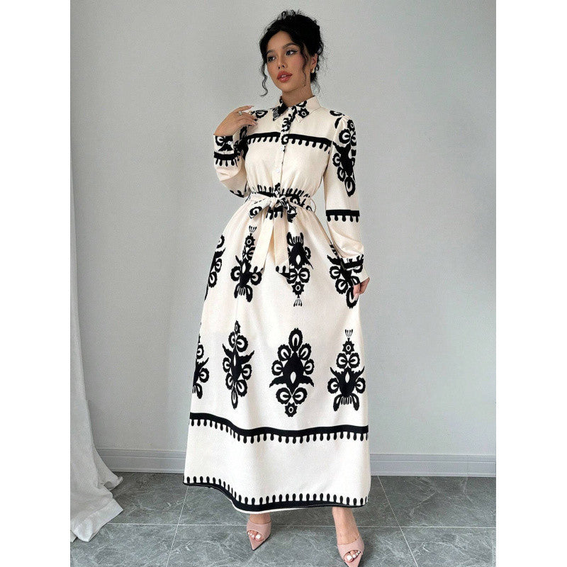 Robe CHEMISE IMPRIMÉE Manches Longues – Col Rabattu, Style Bureau Chic, Femme