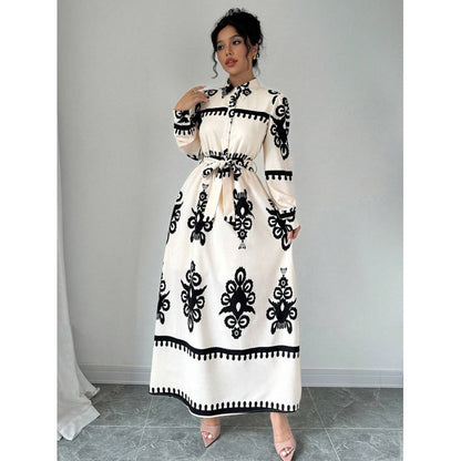 Robe CHEMISE IMPRIMÉE Manches Longues – Col Rabattu, Style Bureau Chic, Femme