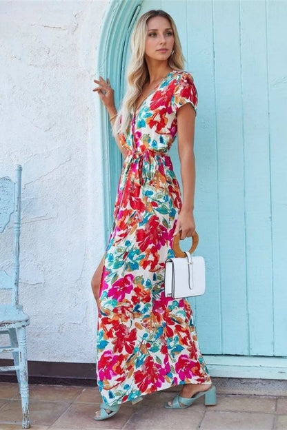 Robe Maxi Imprimée — Manches Courtes Ceinture Nouée