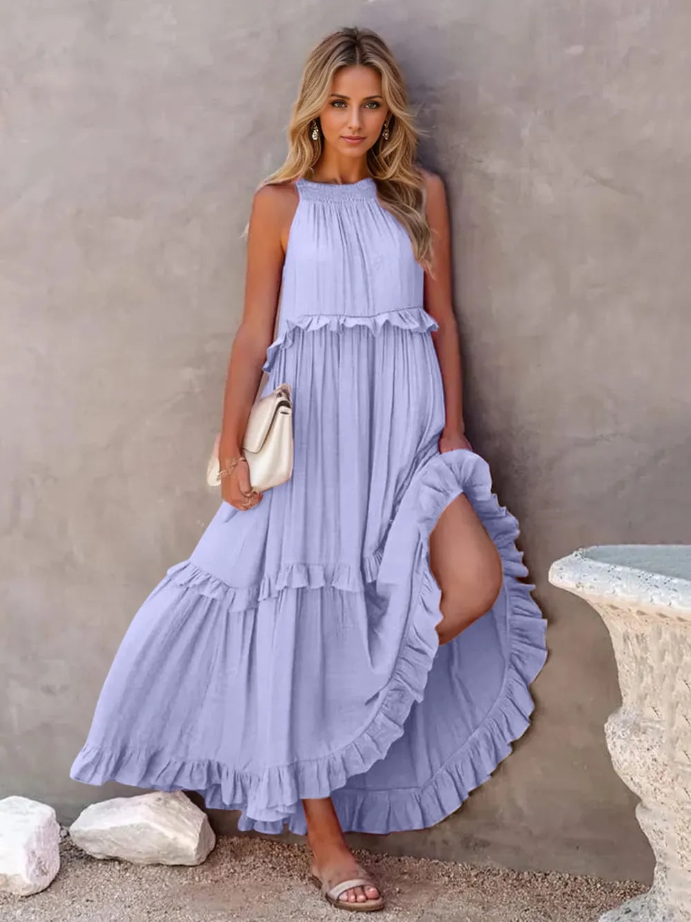 Robe Maxi Sans Manches à Volants et Poches