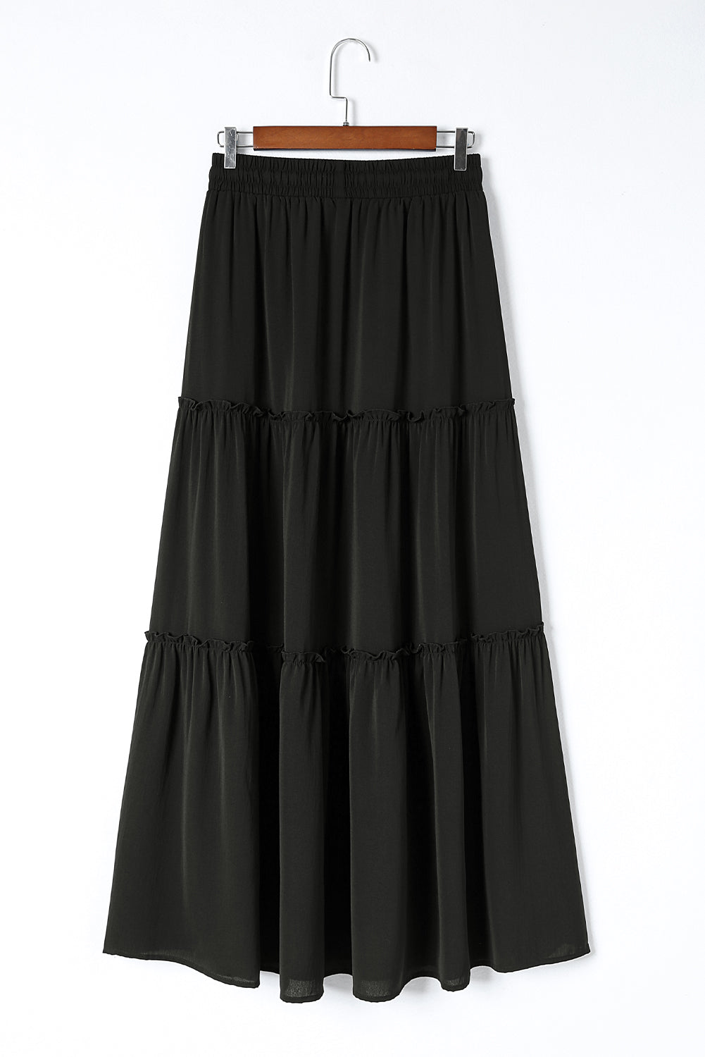 Jupe Maxi Noire à Volants – Taille Cordon, Effet Tieré