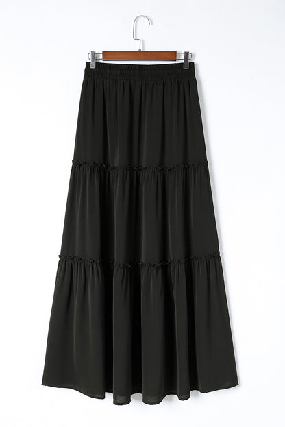Jupe Maxi Noire à Volants – Taille Cordon, Effet Tieré