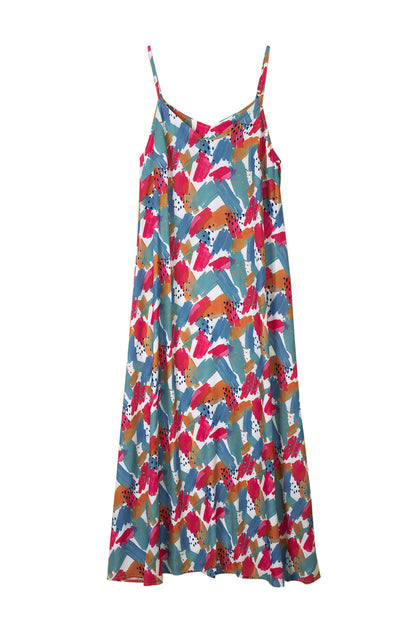 Robe Maxi à Bretelles Spaghetti Imprimé Abstrait Multicolore