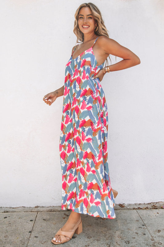 Robe Maxi à Bretelles Spaghetti Imprimé Abstrait Multicolore
