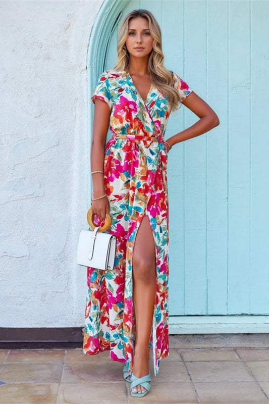 Robe Maxi Imprimée — Manches Courtes Ceinture Nouée