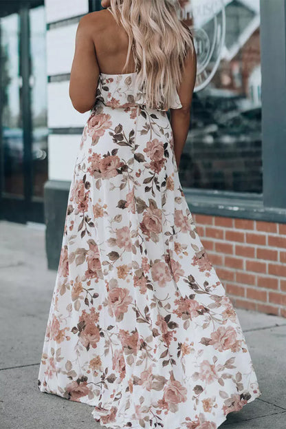 Robe Maxi Blanche Florale à Volants | Col Halter Fendue