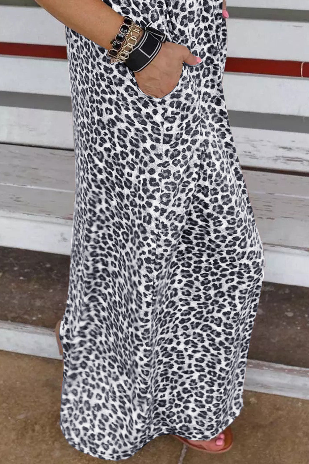 Robe longue léopard grise côtelée avec poches