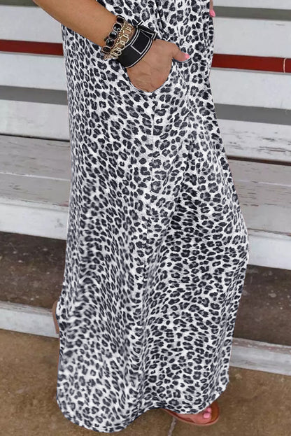 Robe longue léopard grise côtelée avec poches
