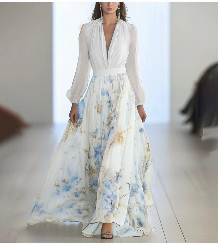 Robe Longue Fleurie à Manches Longues – Col Rond, Coupe A-Line, Fermeture Zip