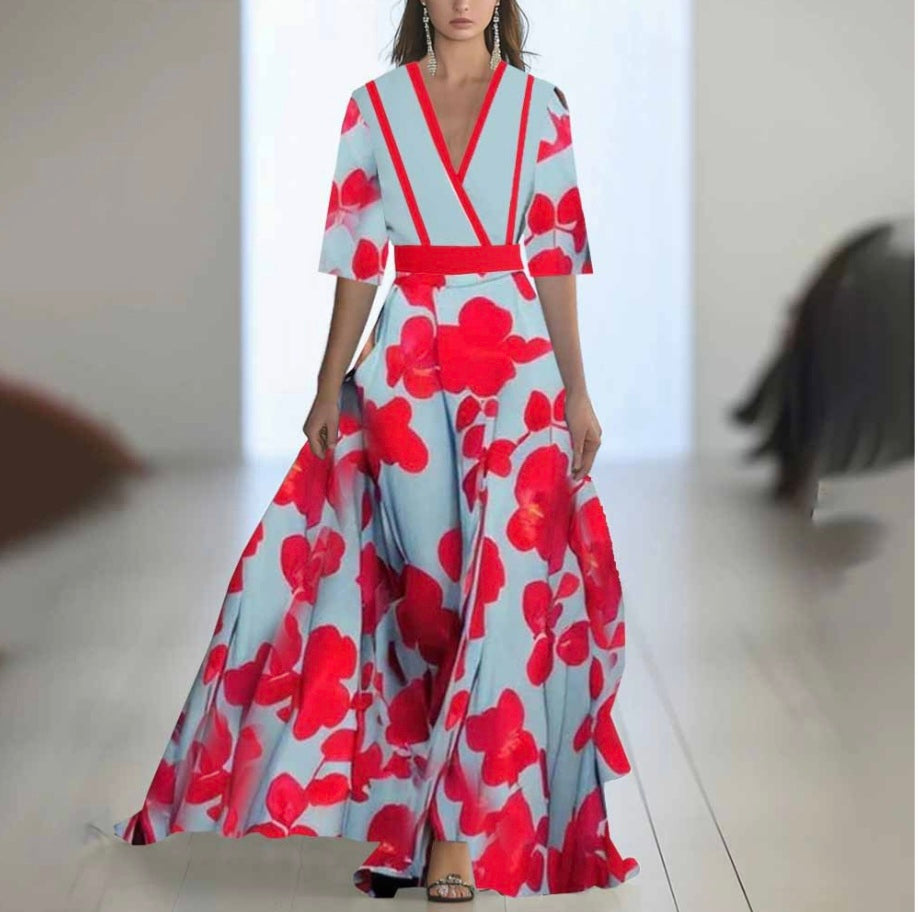 Robe Longue Fleurie à Manches Longues – Col Rond, Coupe A-Line, Fermeture Zip