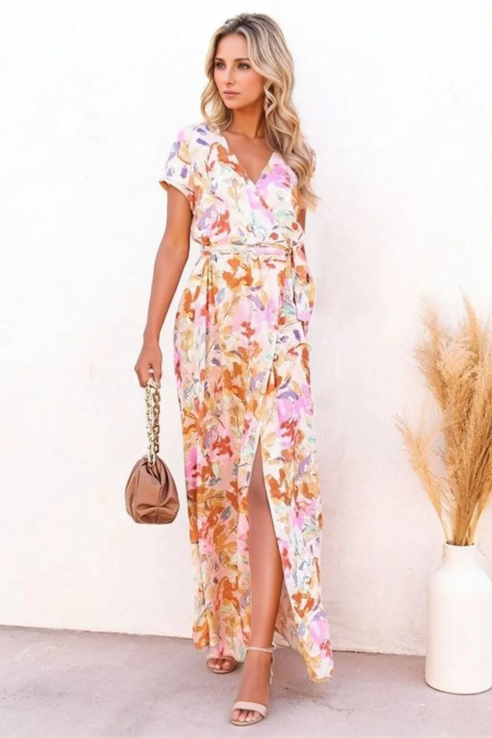 Robe Maxi Imprimée — Manches Courtes Ceinture Nouée