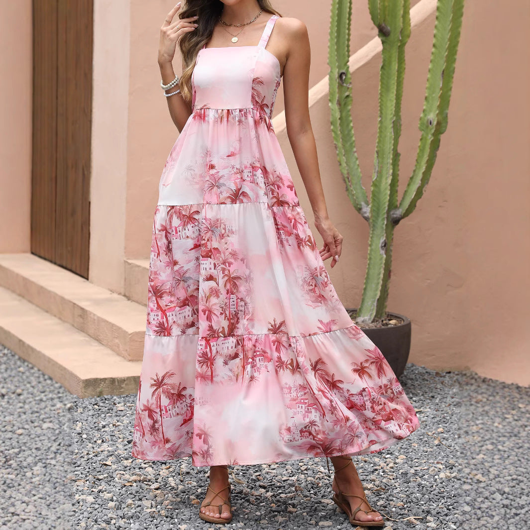 Robe Maxi Boho Florale | Col Carré Sans Bretelles | Poches