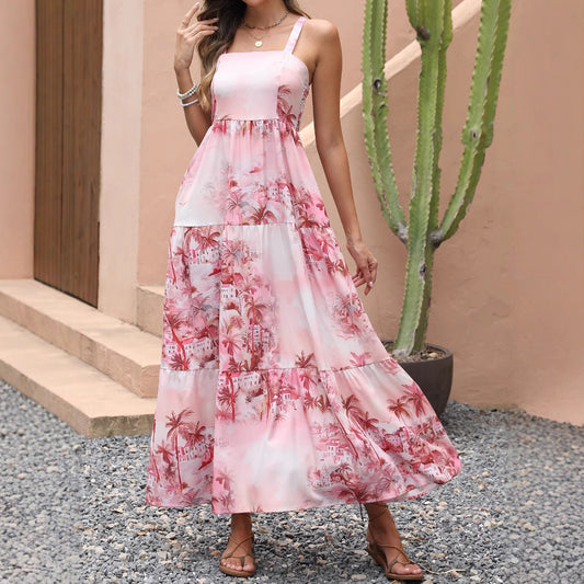 Robe Maxi Boho Florale | Col Carré Sans Bretelles | Poches