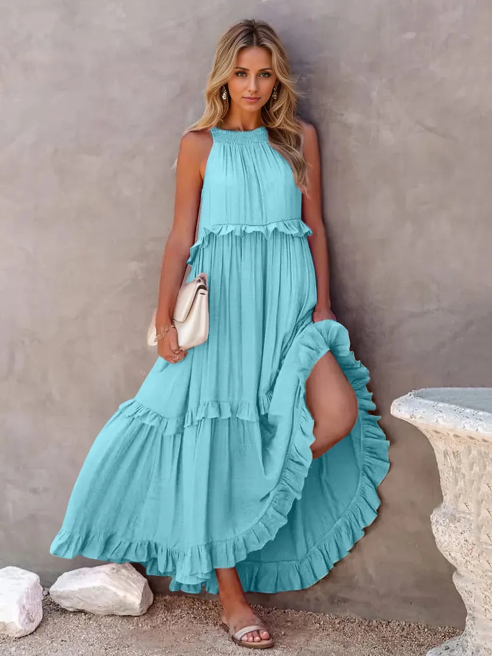 Robe Maxi Sans Manches à Volants et Poches
