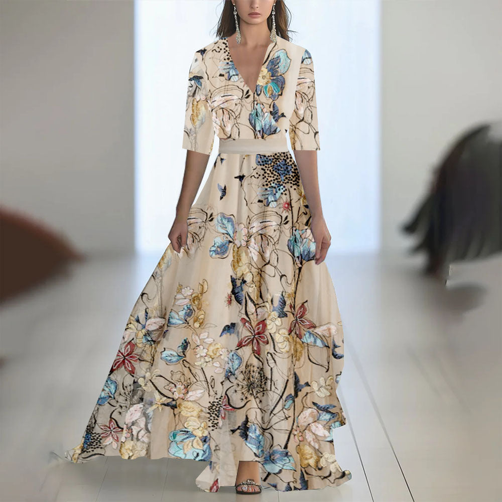 Robe Longue Fleurie à Manches Longues – Col Rond, Coupe A-Line, Fermeture Zip