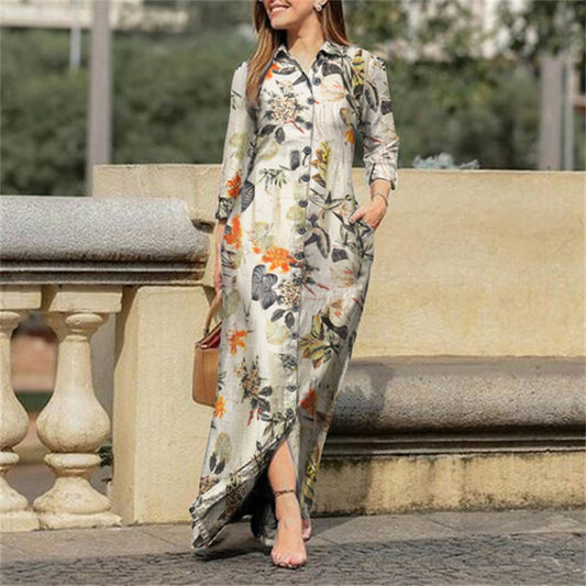 Robe Longue Florale Casual – Col lapé, Manches longues, Boutons