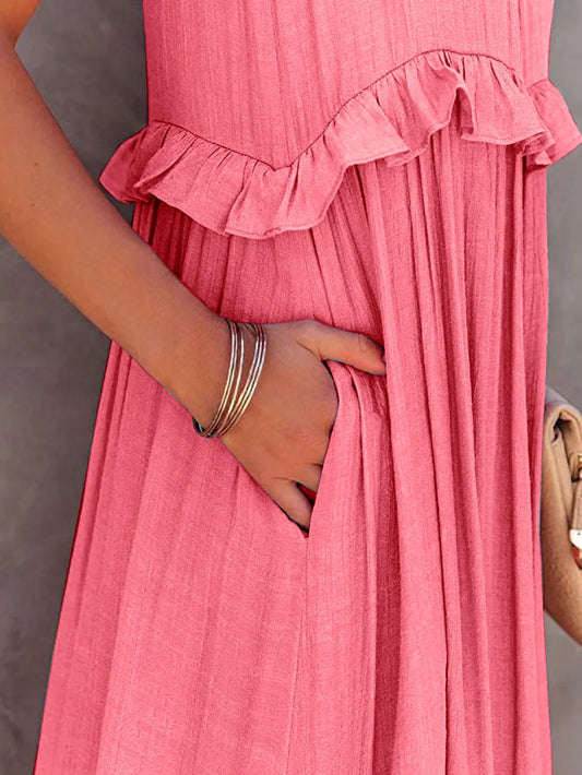 Robe Maxi Sans Manches à Volants et Poches