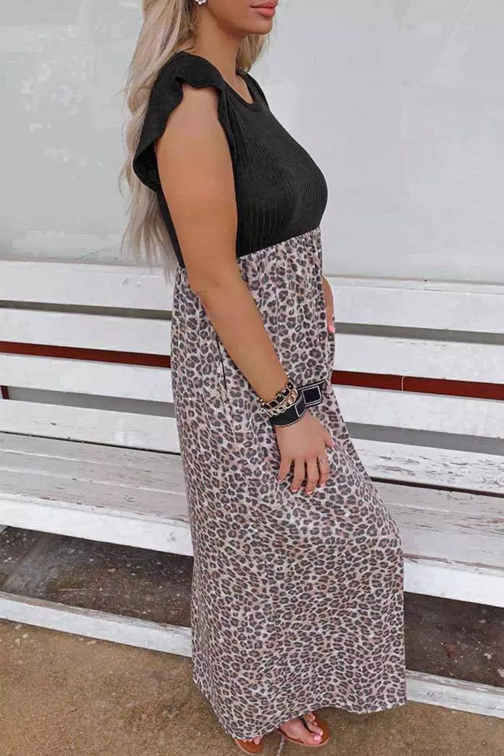 Robe longue léopard grise côtelée avec poches