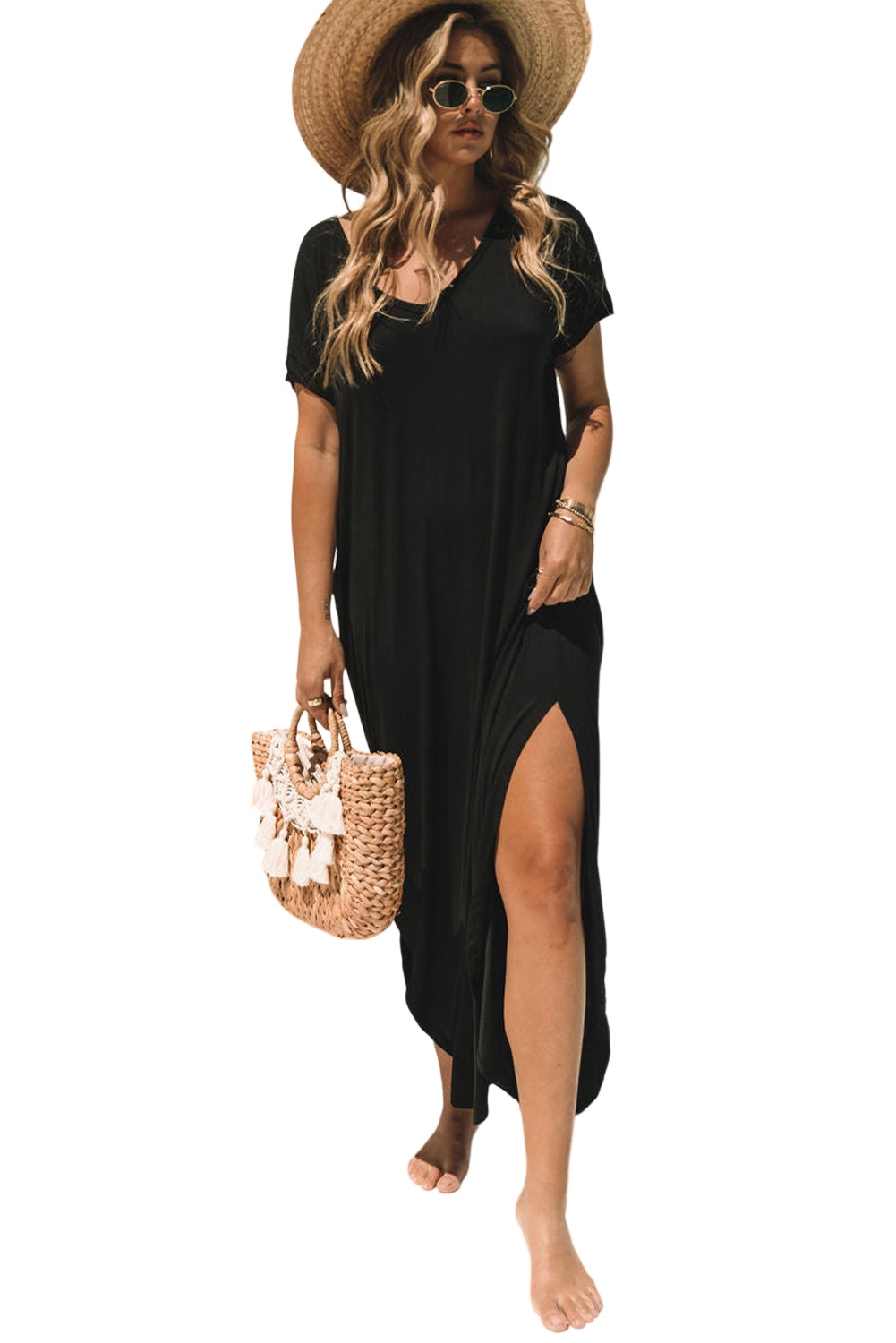Robe Maxi — Col V, Poches Cachées, Fentes Latérales