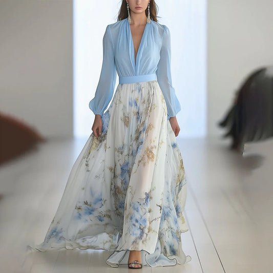 Robe Longue Fleurie à Manches Longues – Col Rond, Coupe A-Line, Fermeture Zip