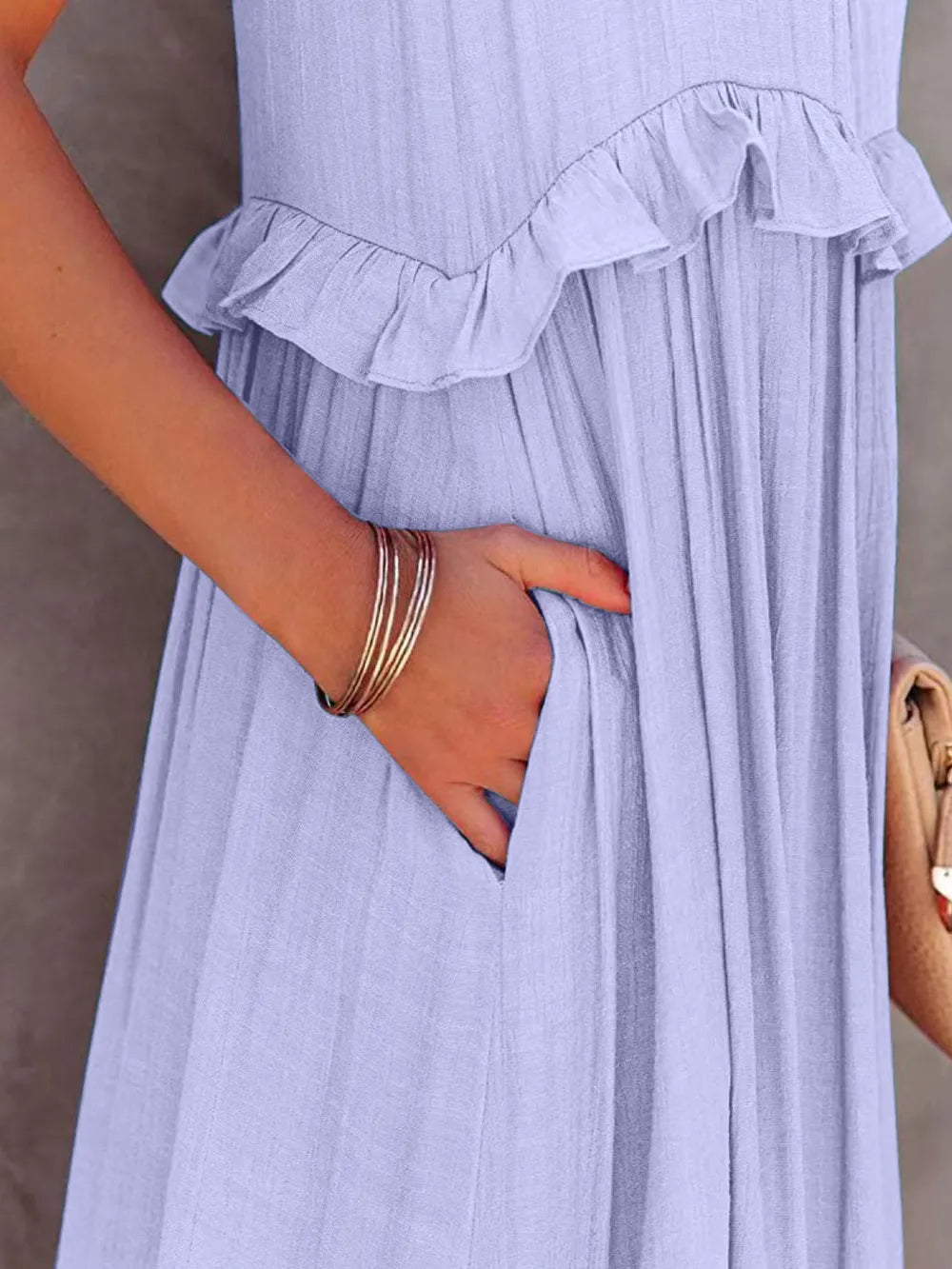Robe Maxi Sans Manches à Volants et Poches