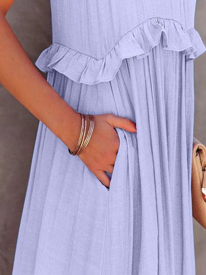 Robe Maxi Sans Manches à Volants et Poches