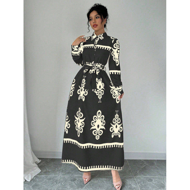 Robe CHEMISE IMPRIMÉE Manches Longues – Col Rabattu, Style Bureau Chic, Femme