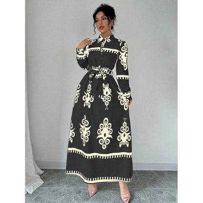 Robe CHEMISE IMPRIMÉE Manches Longues – Col Rabattu, Style Bureau Chic, Femme