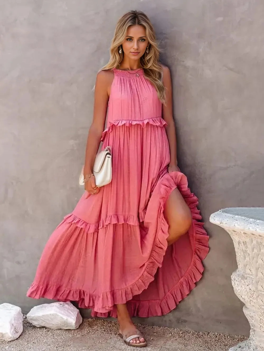 Robe Maxi Sans Manches à Volants et Poches