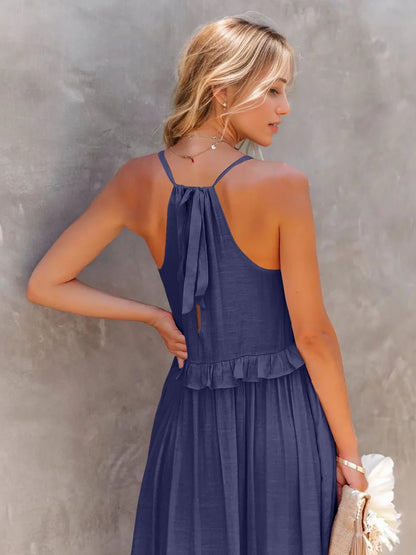 Robe Maxi Sans Manches à Volants et Poches