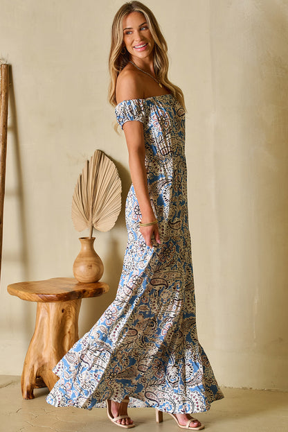 Robe Maxi Bohème Bleue À Imprimé Paisley — Épaules Dénudées