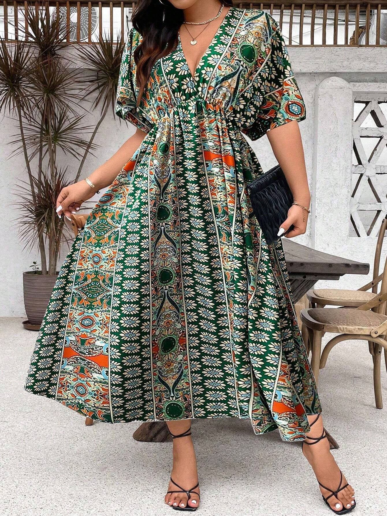 Robe Maxi Bohème Imprimée – Manches 3/4, Col V, Grande Taille