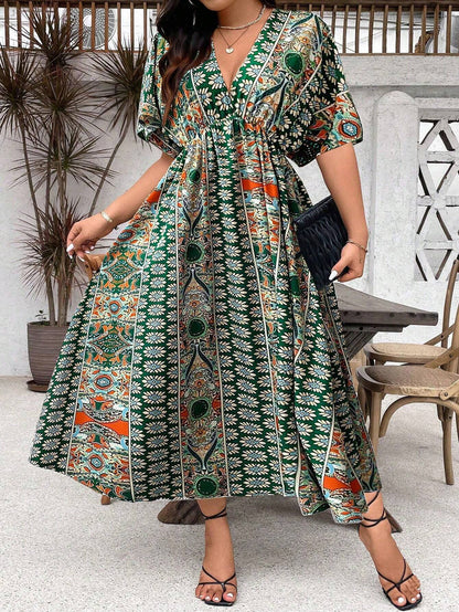 Robe Maxi Bohème Imprimée – Manches 3/4, Col V, Grande Taille