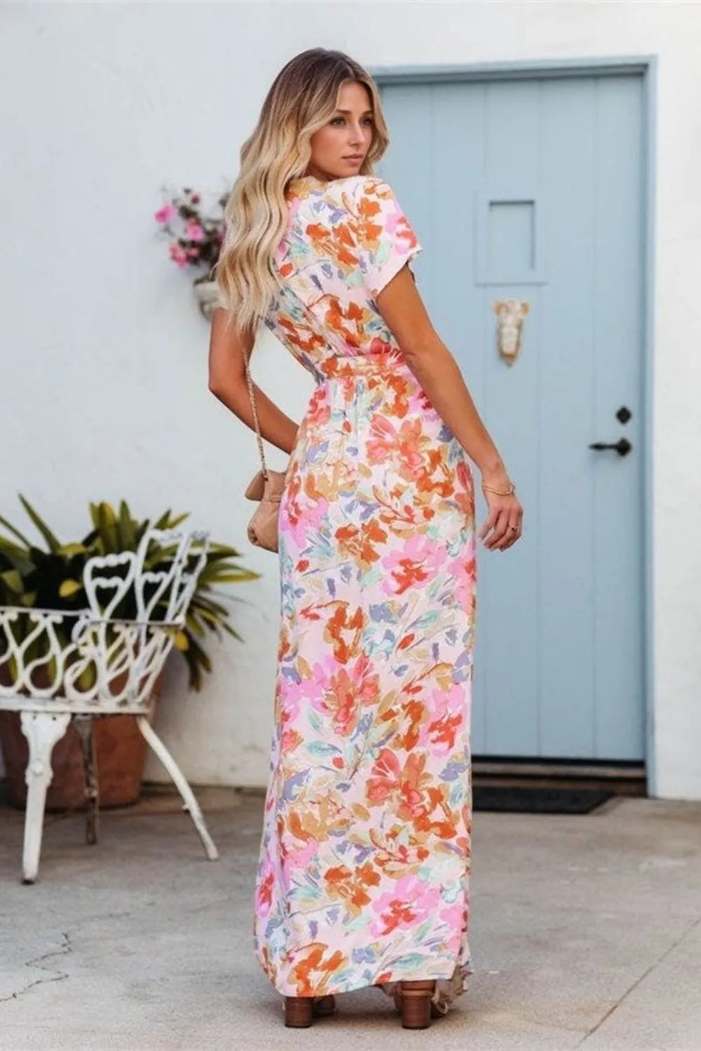 Robe Maxi Imprimée — Manches Courtes Ceinture Nouée